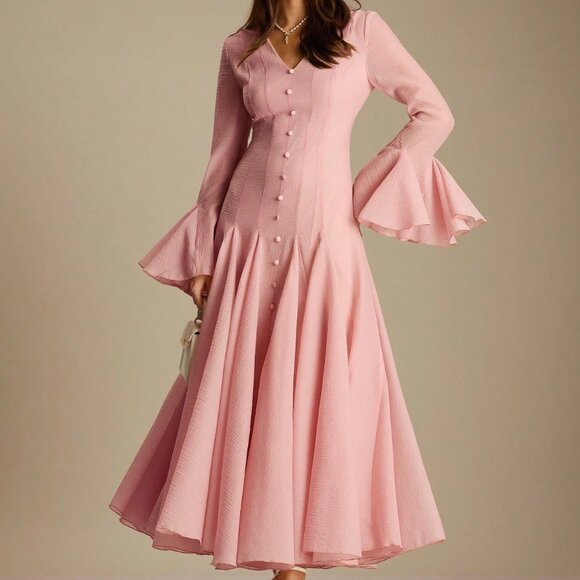 Pastel Pink Elegant Women's V-Neck Ruffled Hem Long Sleeves Maxi Dress - www.benaras.co Pastel Pink Elegant Women's V-Neck Ruffled Hem Long Sleeves Maxi Dress - www.benaras.co